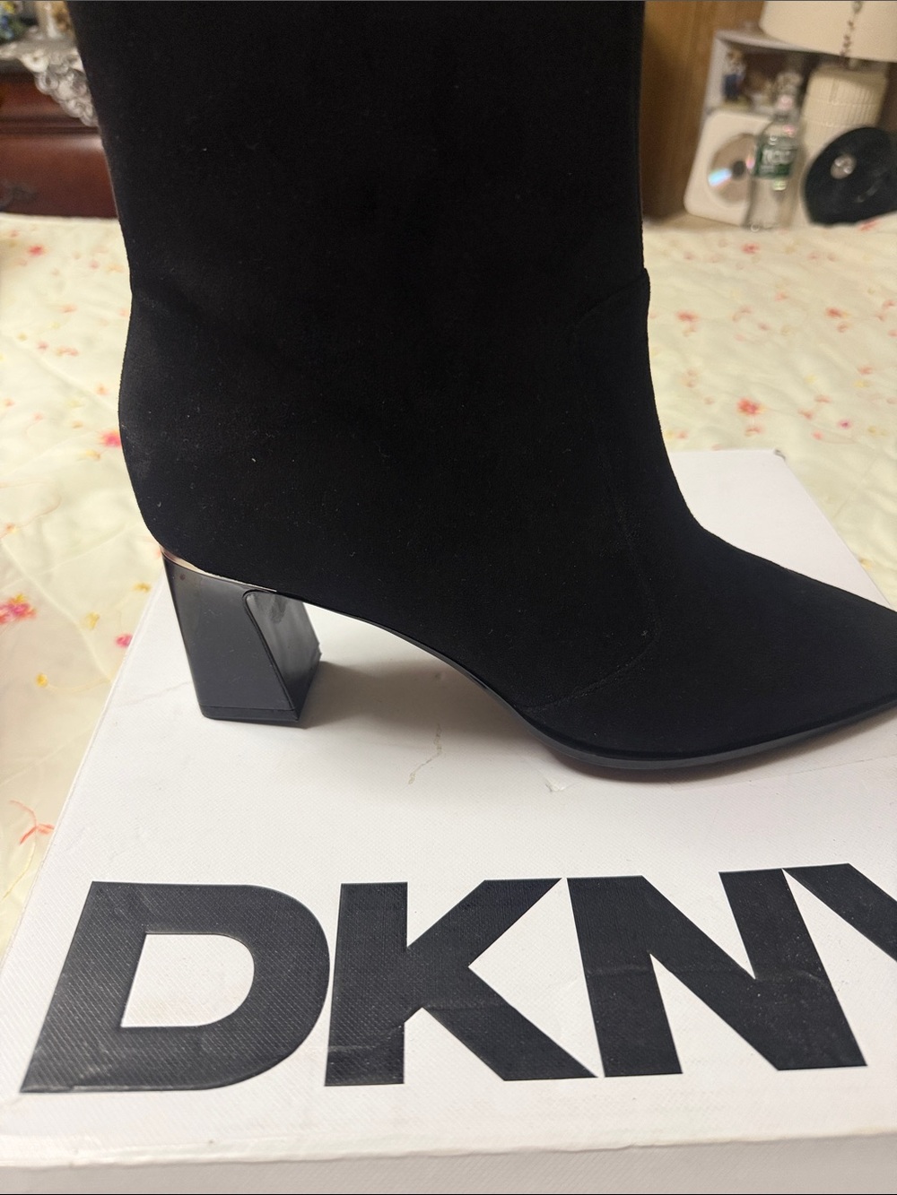 DKNY Black Suede Block-Heel Ankle Boot
